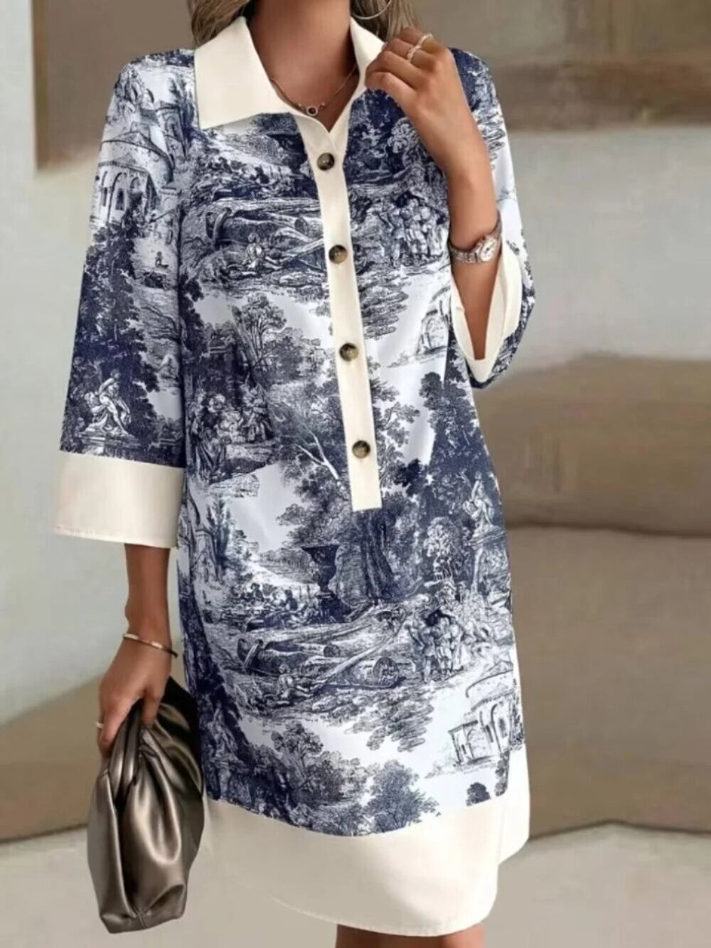 Forest Settlement Blue & White Toile Shirt Dress | XXL | Collared 3/4 Sleeve